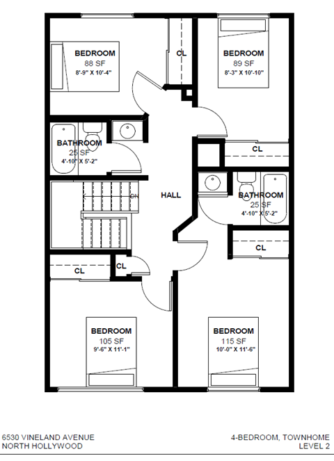 Floor plan for 4 beds, 1 bath, 1040 sqft